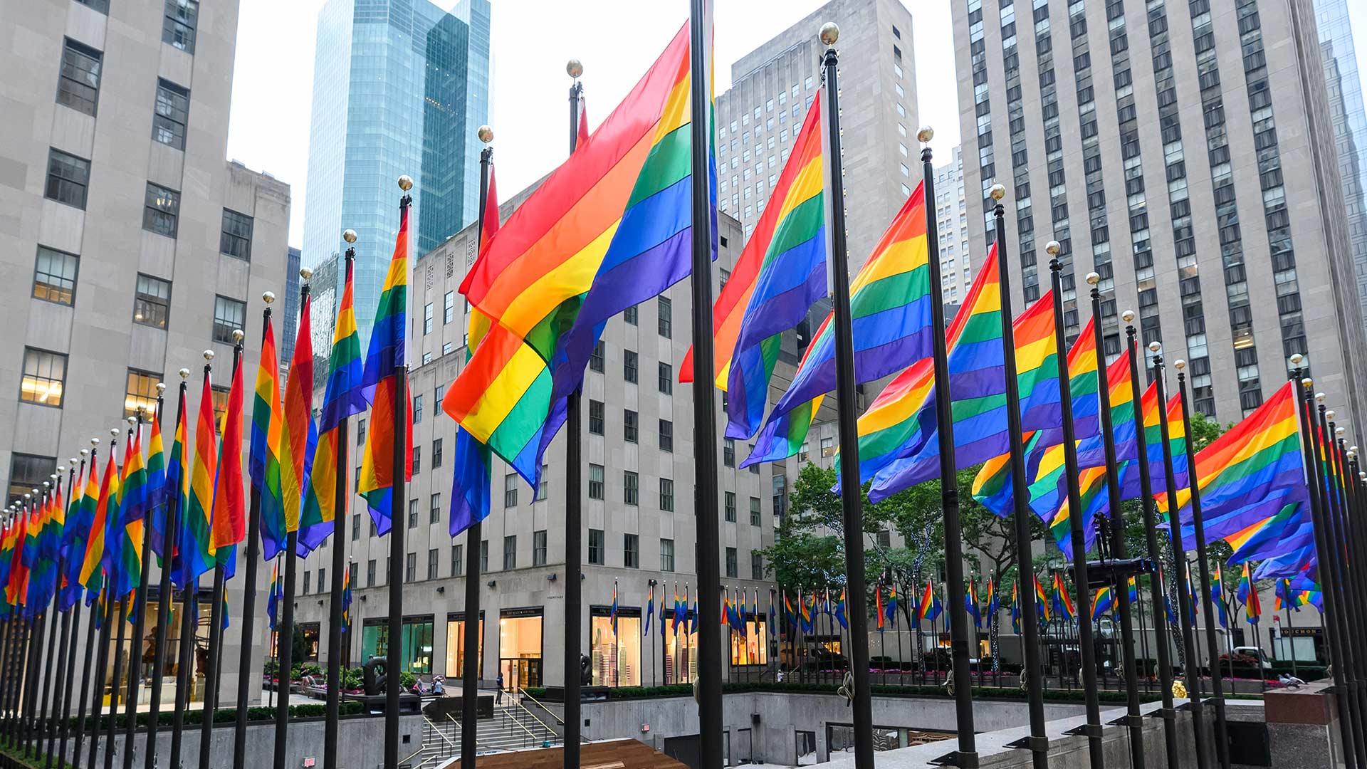 Rainbow flags at Rockefeller Center on June 28, 2020, New York City (© Noam Galai/Getty Images)
